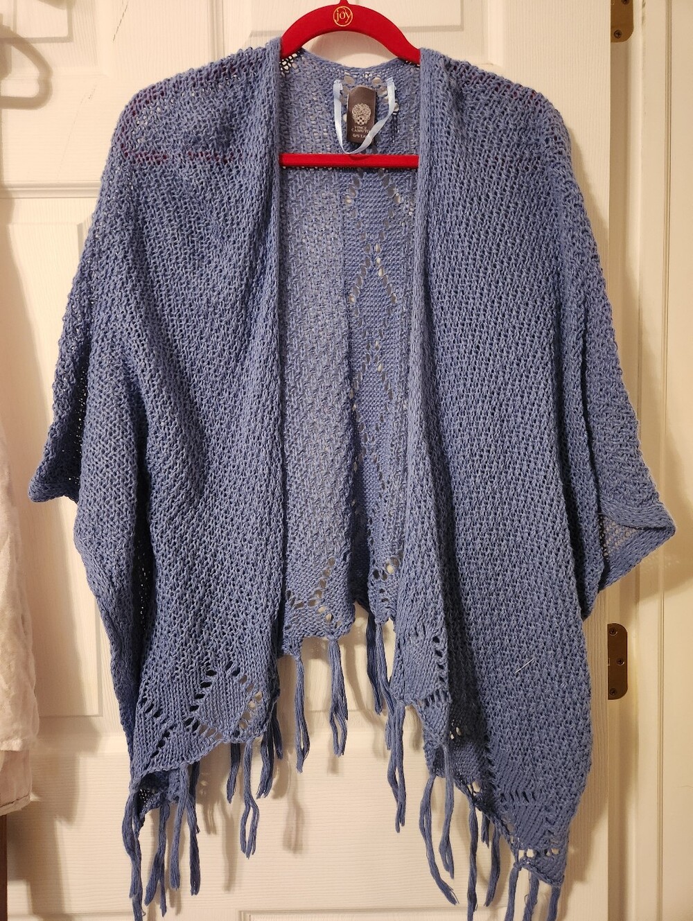 Vince Camuto, Cozy Open-Front Blue Knit Fringe Sweater shrug, one size